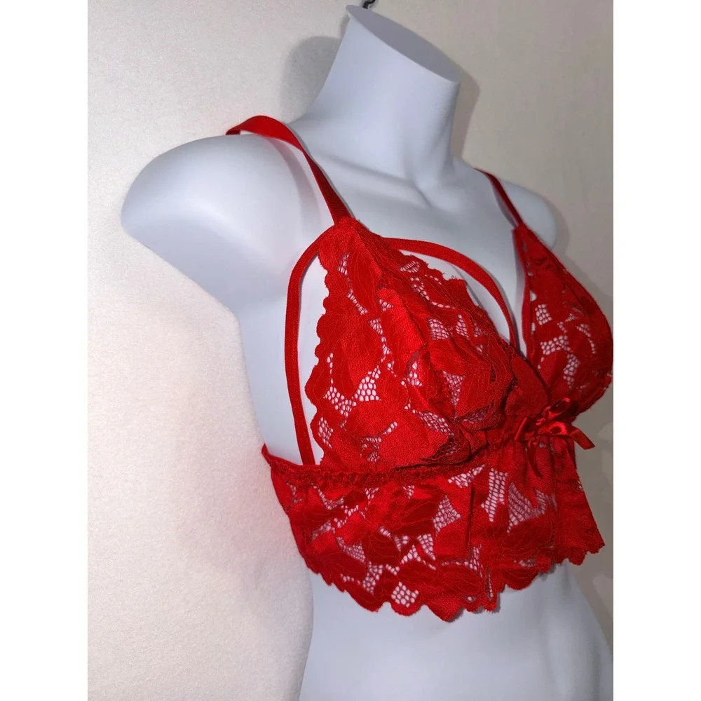 Red Floral Lace Longline Bralette Strappy Cage Bow Accent Top Size 0xl